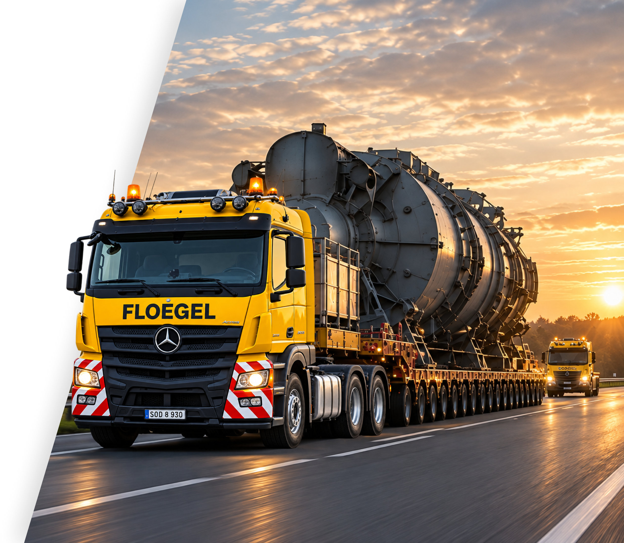 Schwertransport mit FLOEGEL-Begleitfahrzeug auf der Straße